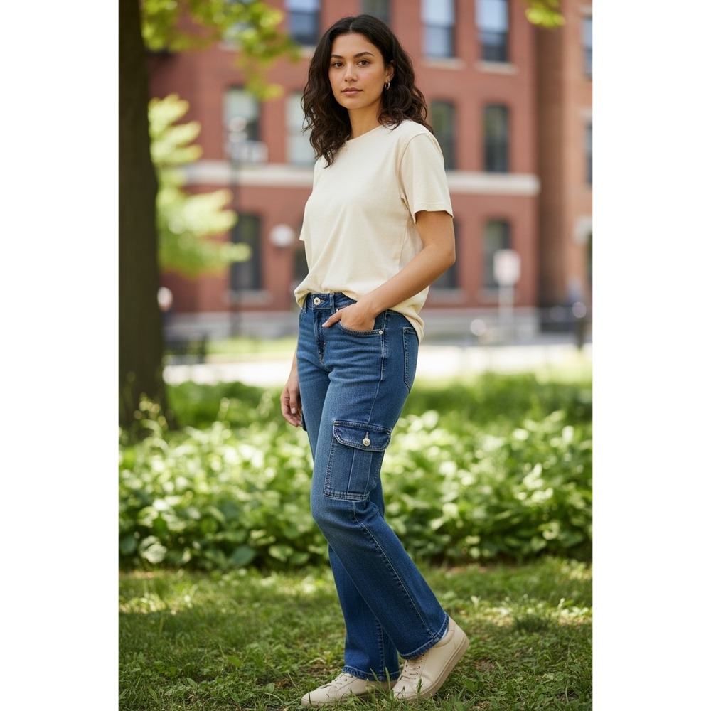 Y2K New With Tag HYDRAULIC Blue Denim Cargo Jeans Bootcut Style Size 5 6